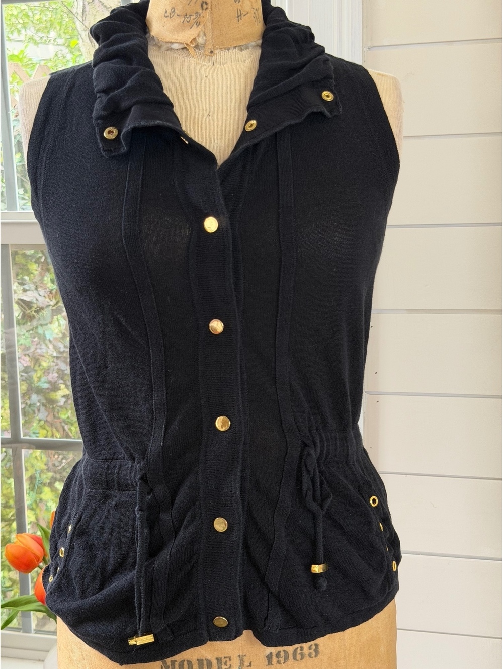 VTG Caché Edgy Black Knit Utility Vest w/ Gold Snaps Drawstring Waist Women XS